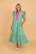 Gingham Colorblock Ruffle Sleeve Midi Dress