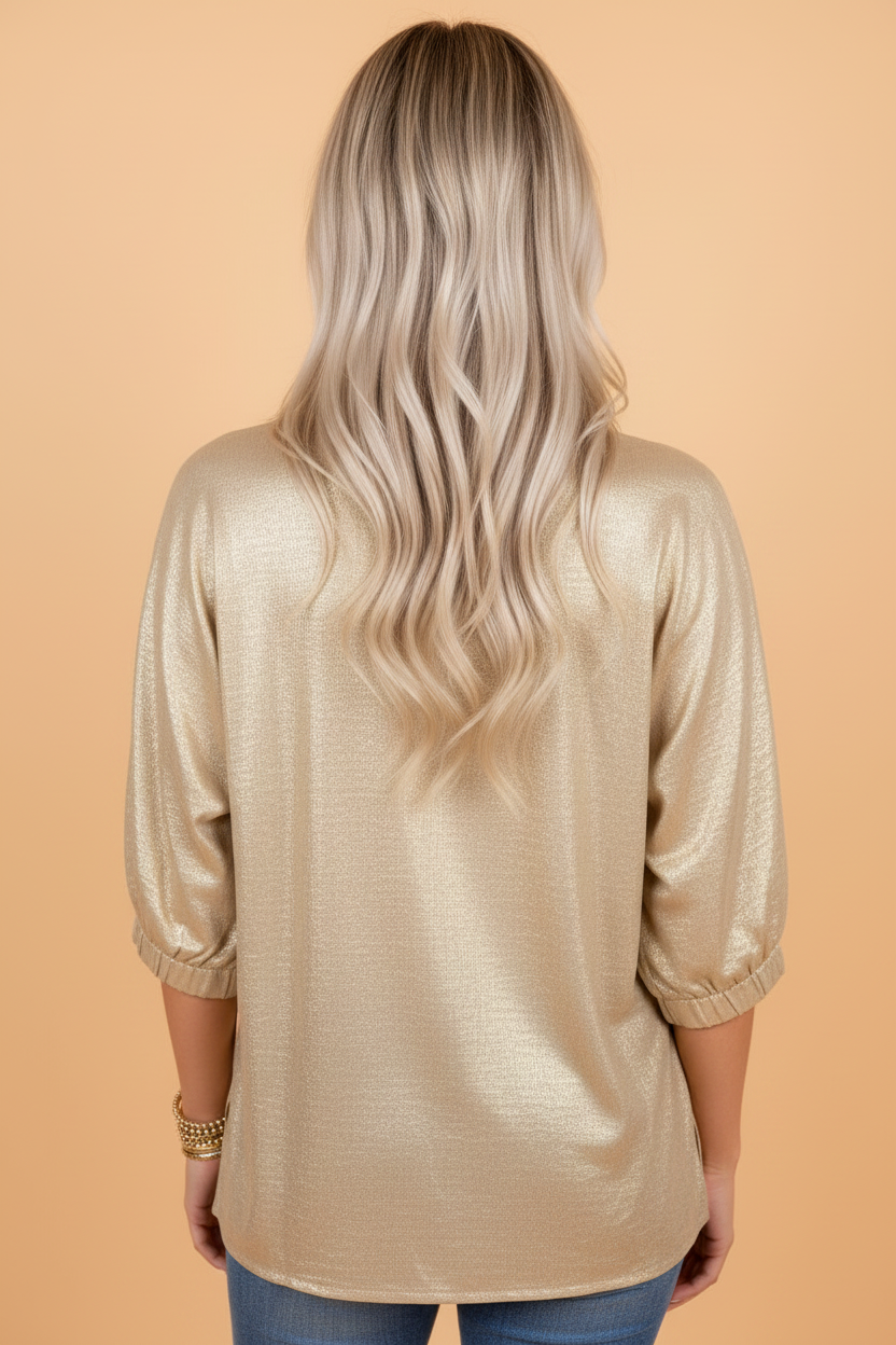 Metallic Collared V-Neck 3/4 Sleeve Top
