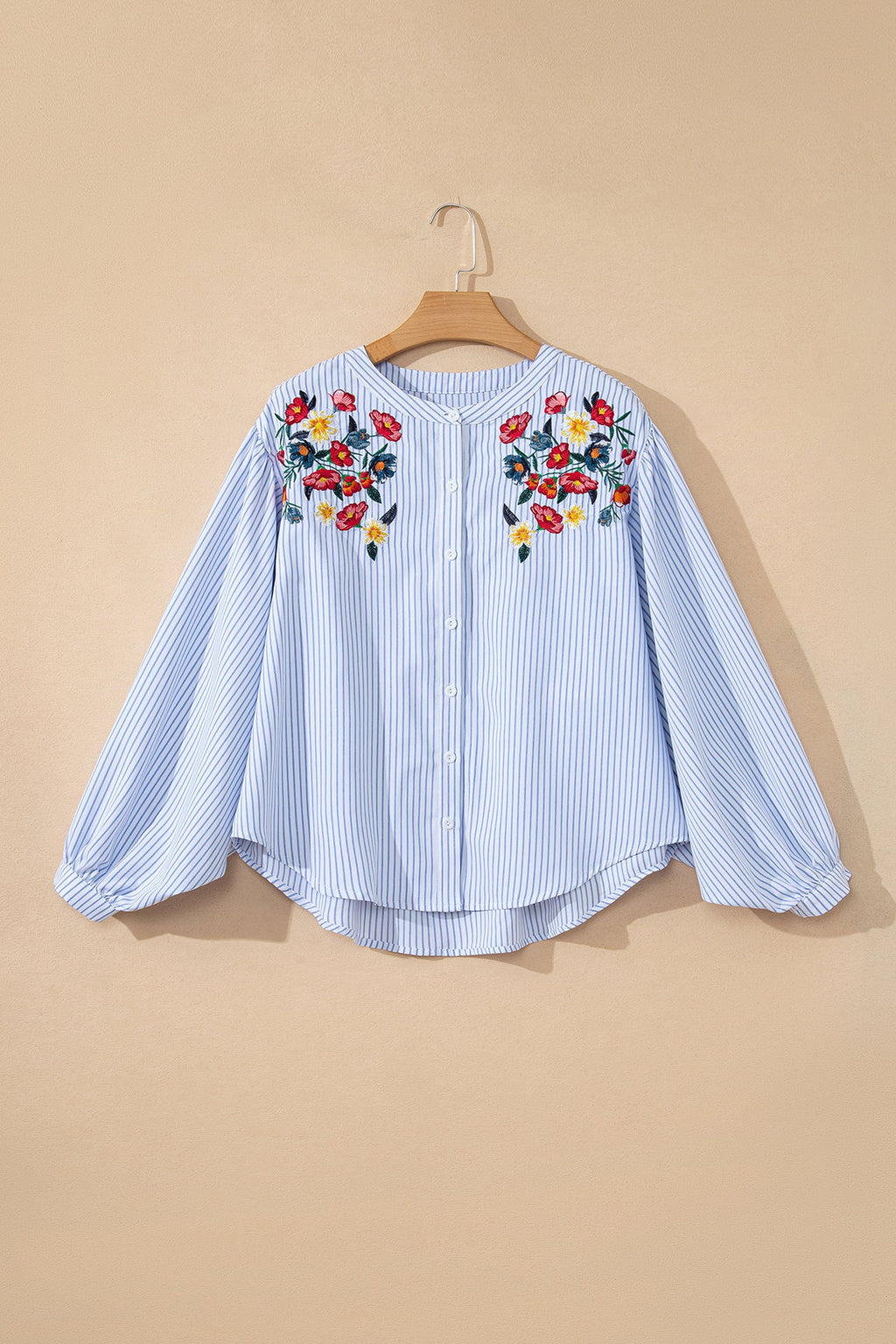 Floral Embroidered Stripe Billowy Sleeve Tunic Shirt