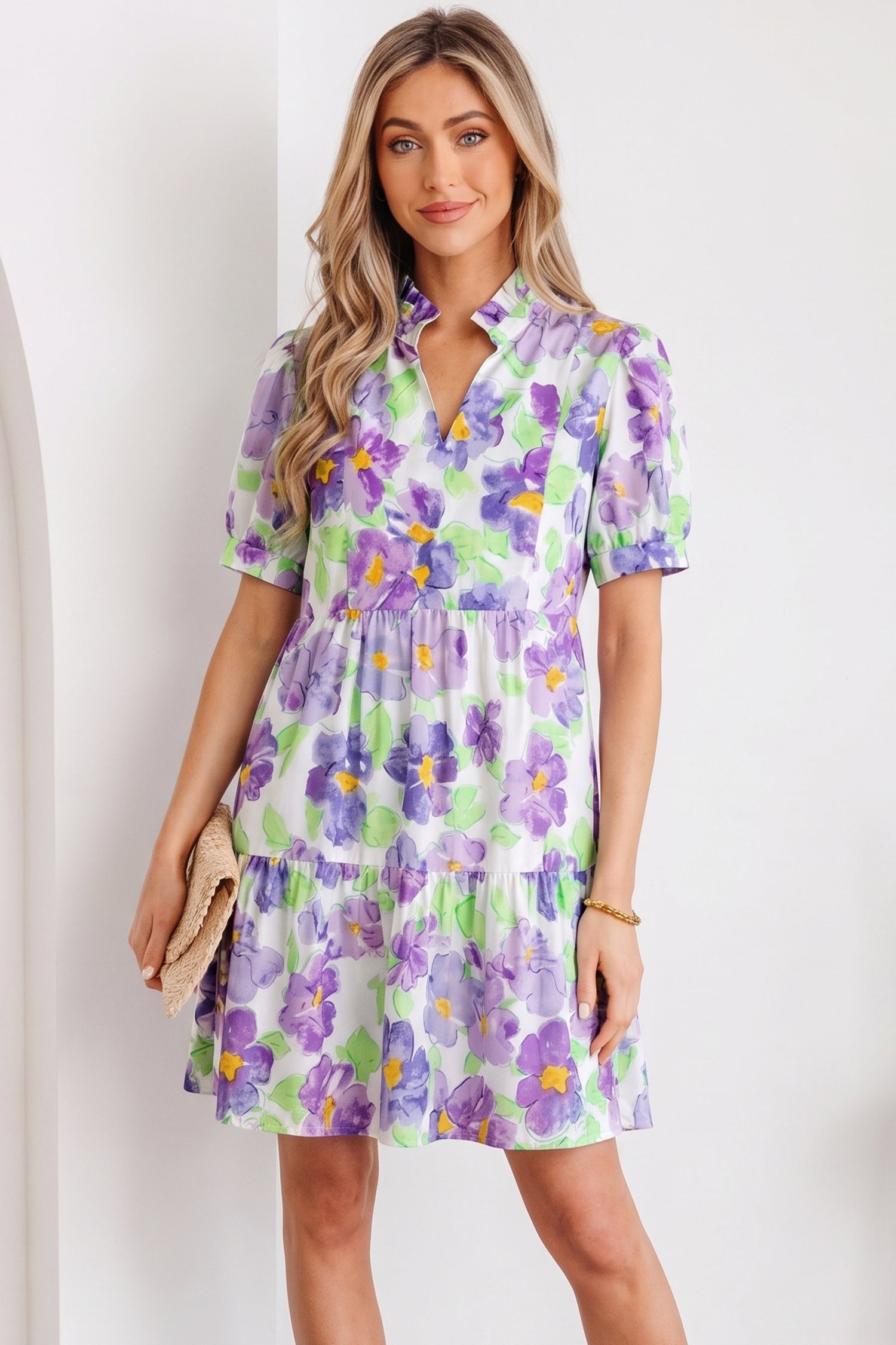 Floral Collared V-Neck Tiered Ruffle Mini Dress