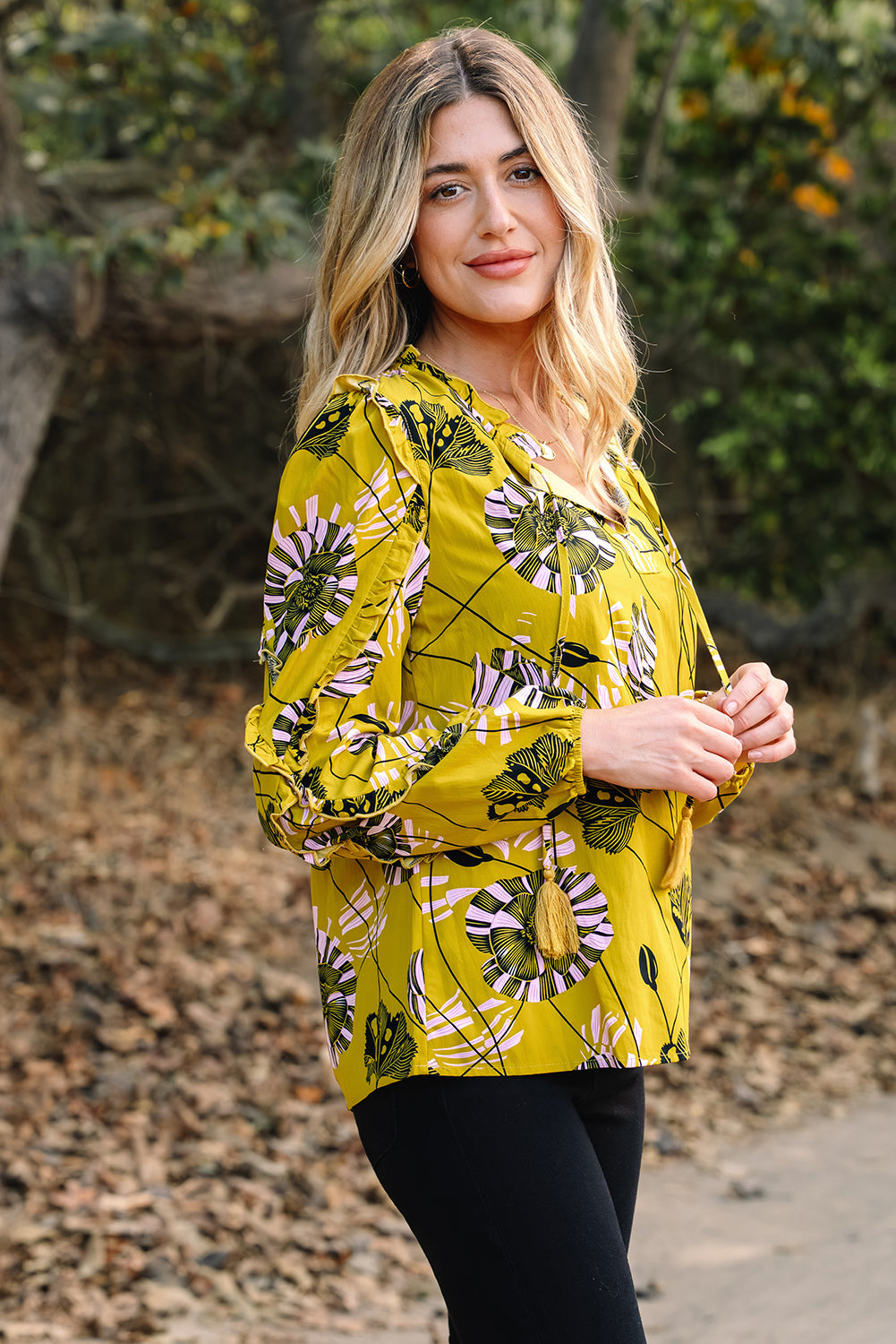 Floral V-Neck Ruffle Trim Long Sleeve Blouse