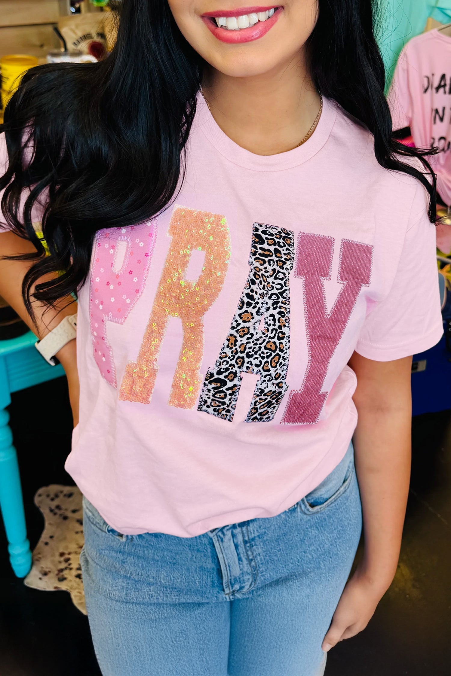 PRAY Sequin Leopard Short Sleeve Graphic Tee