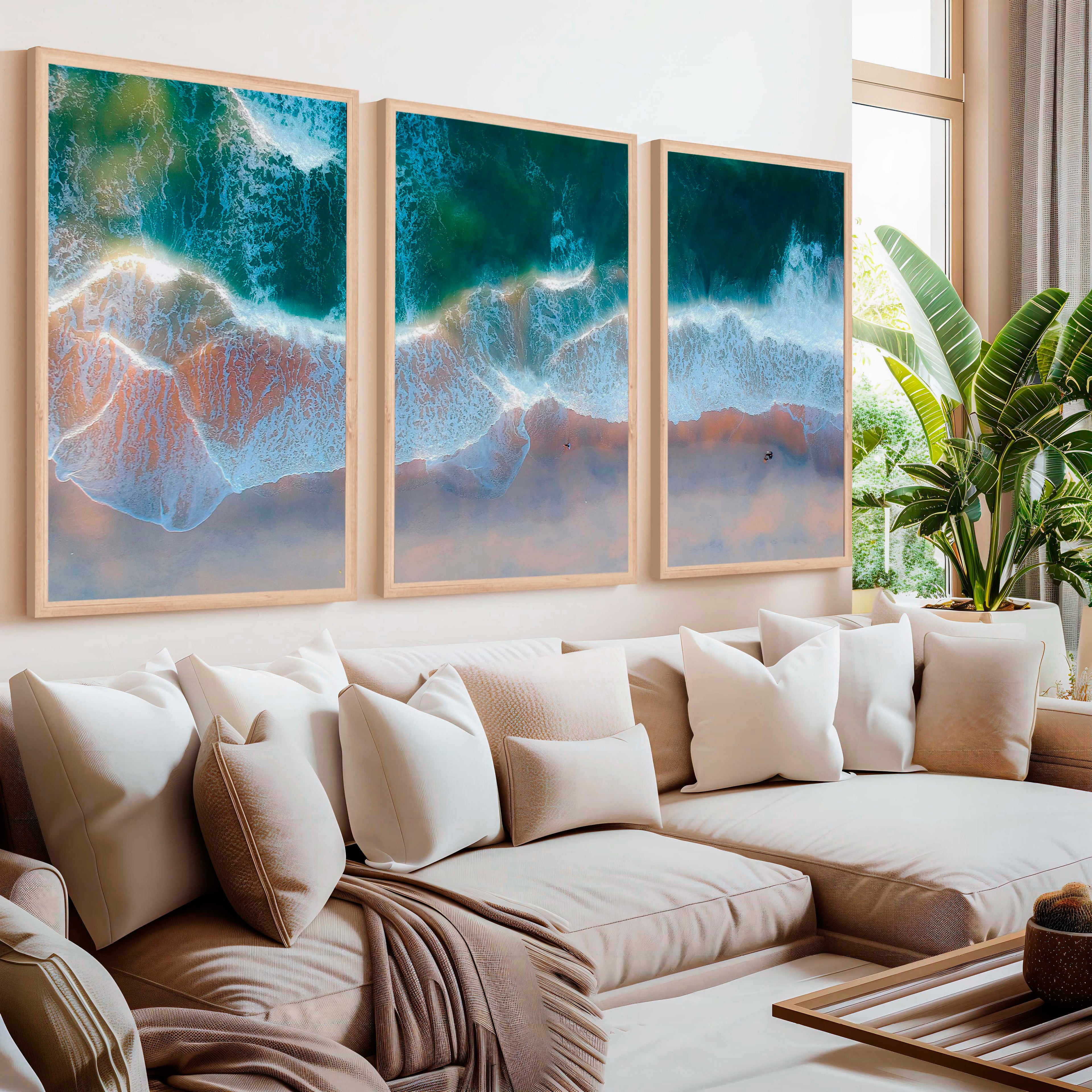 Beach Wall Posters Triptych – Aerial Waves and Reflected Light
