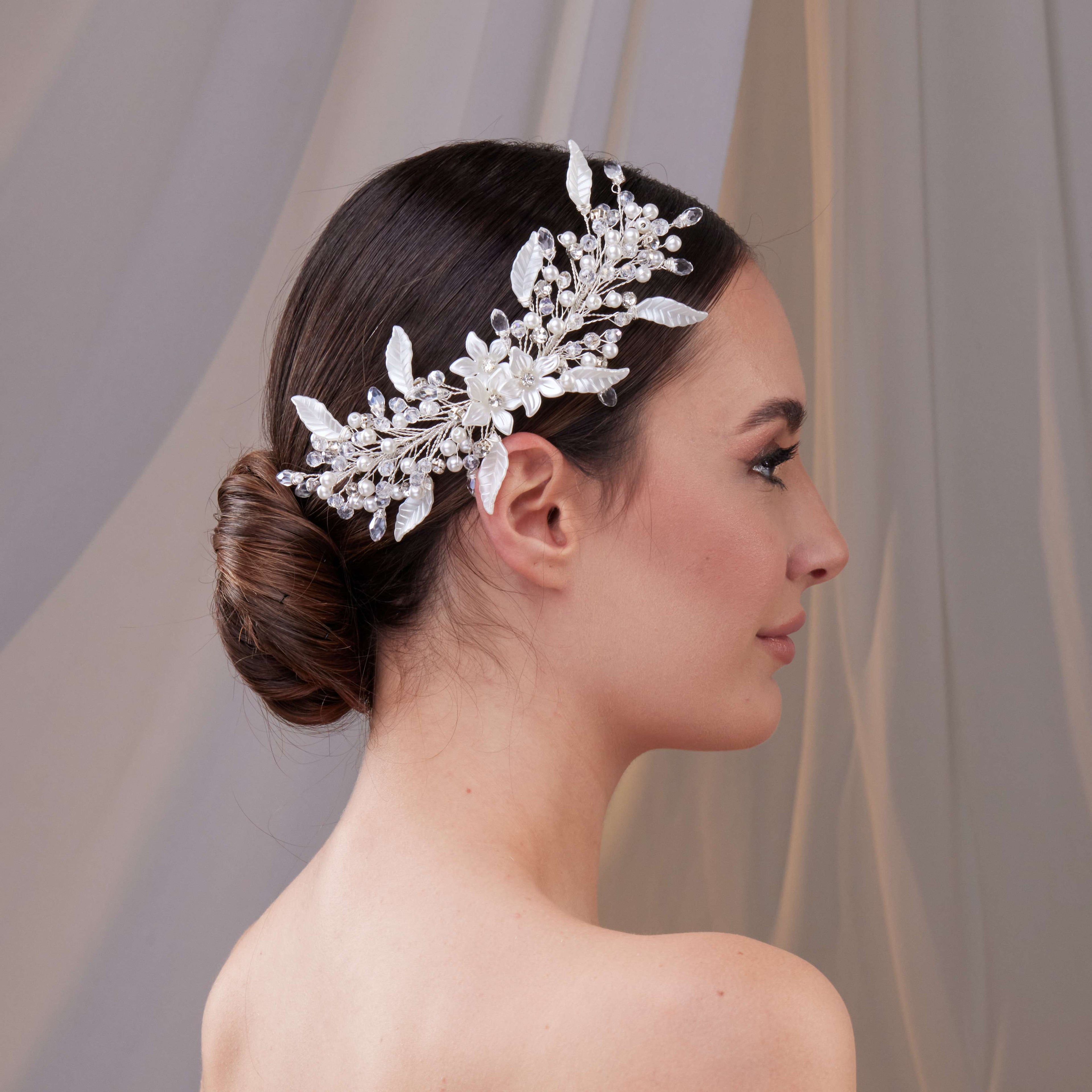 Resin Flower and Pearl Wedding Hair Vine