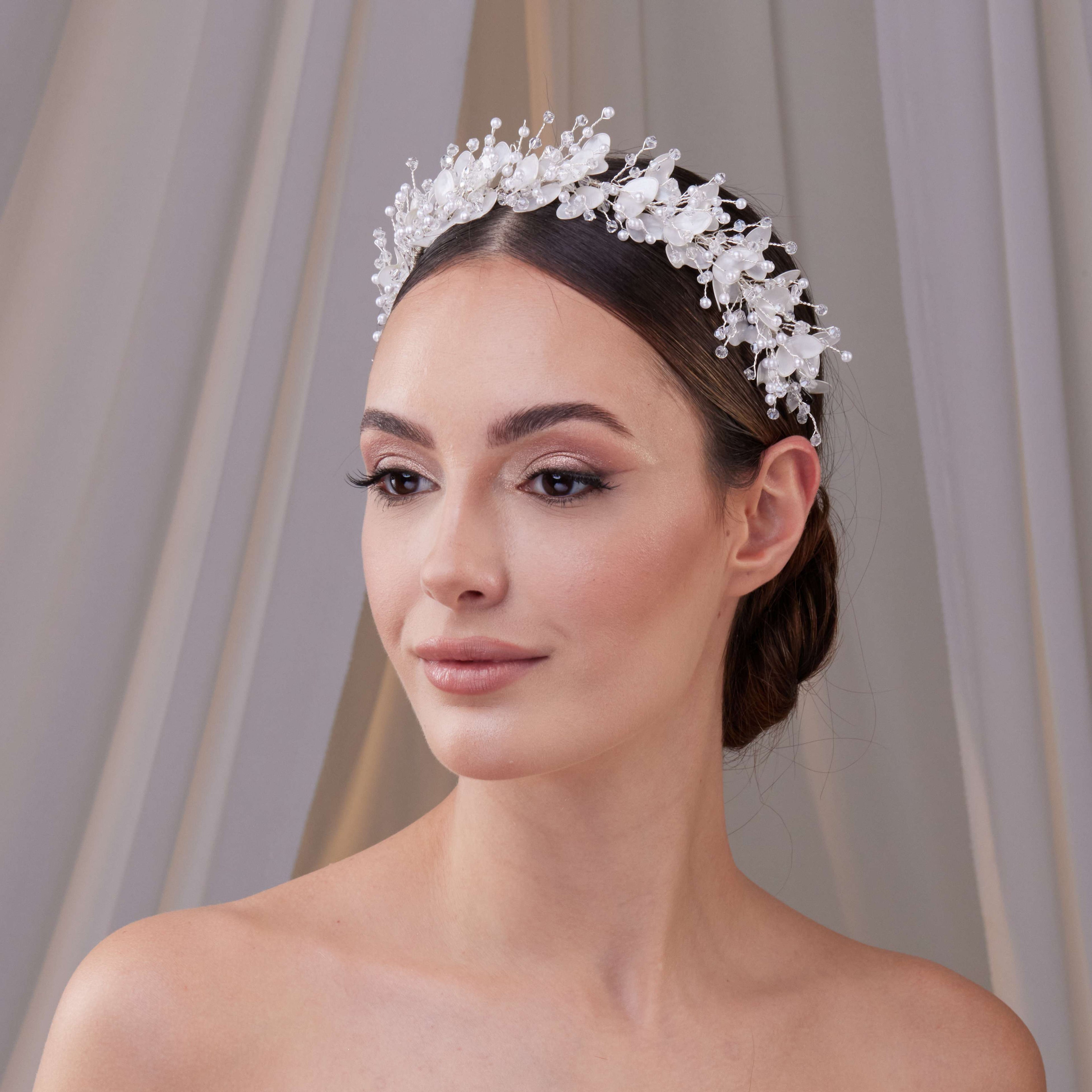 Resin Flower and Crystal Bridal Hair Wreath