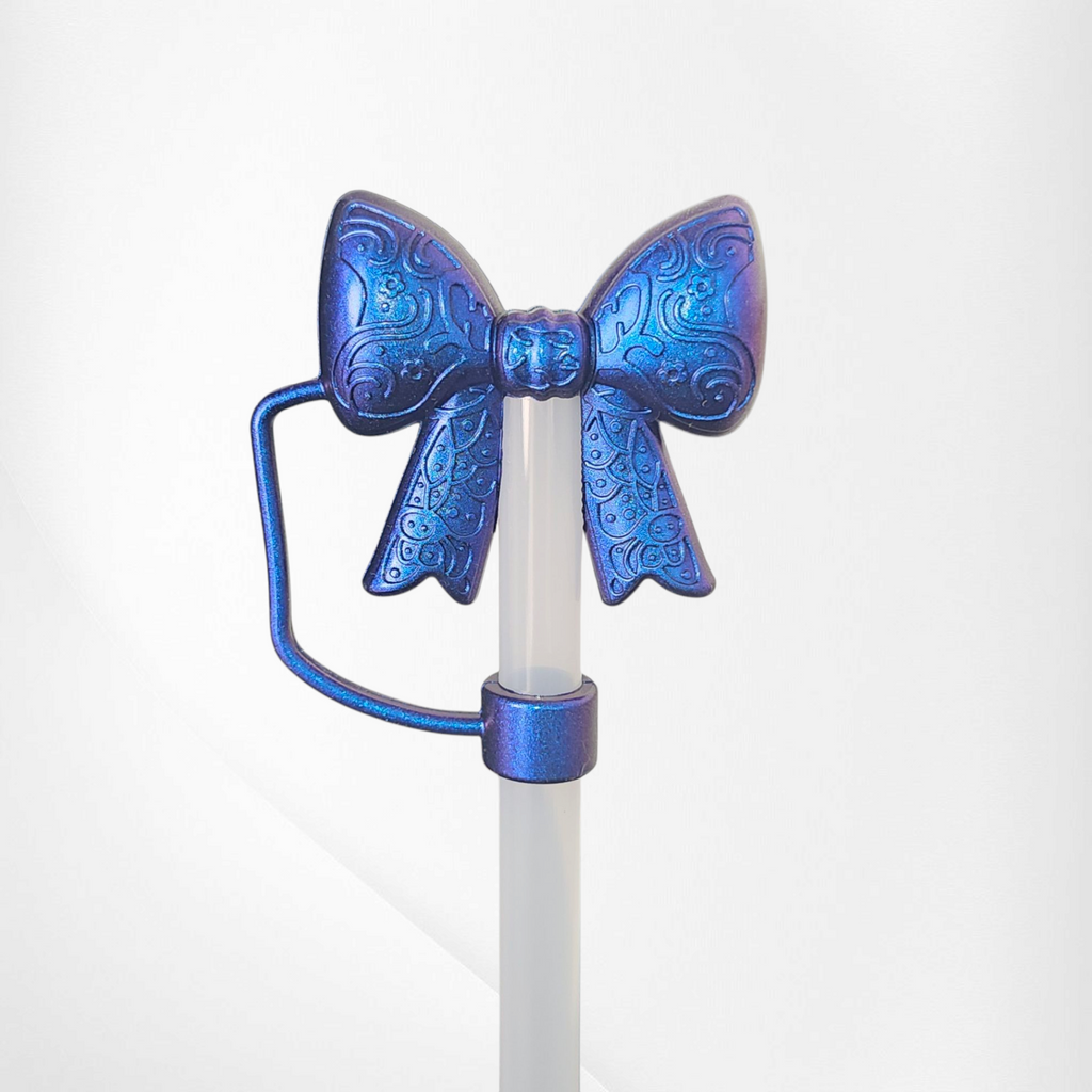 Paisley Princess 3D Bow Silicone 10mm Straw Topper | Metallic Blue Shimmer
