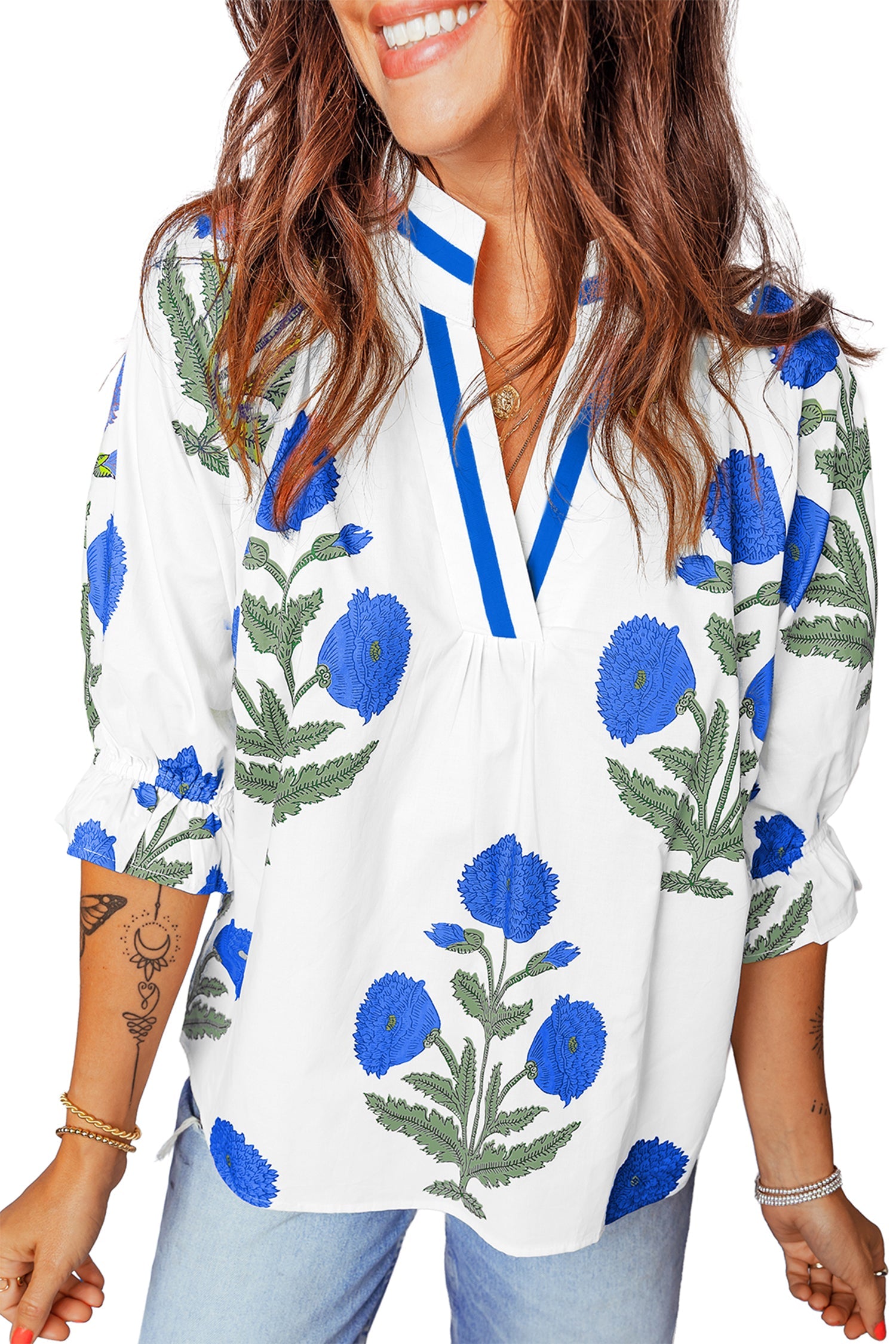 Flower Contrast V-Neck 3/4 Sleeve Blouse