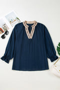 Plus Size Leopard Contrast Collar Long Sleeve Blouse