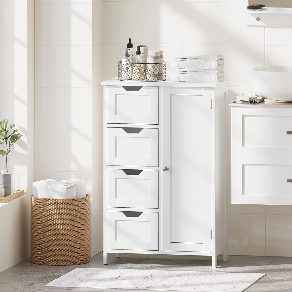 Bathroom Storage Cabinet with 4 Drawers and 1 Door, Freestanding Wooden Floor Organizer for Bathroom, Narrow Storage Cabinet for Small Spaces, Entryway, Living Room or Hallway, White