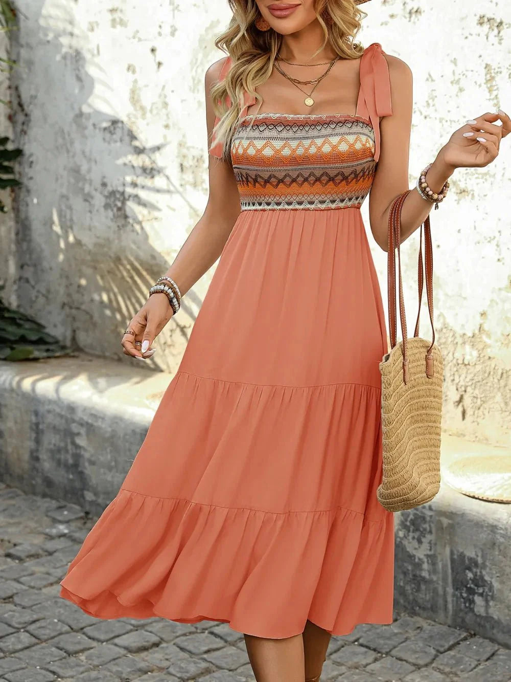 Tie Shoulder Midi Dress - Square Neck Tiered Midi Dress for Effortless Style