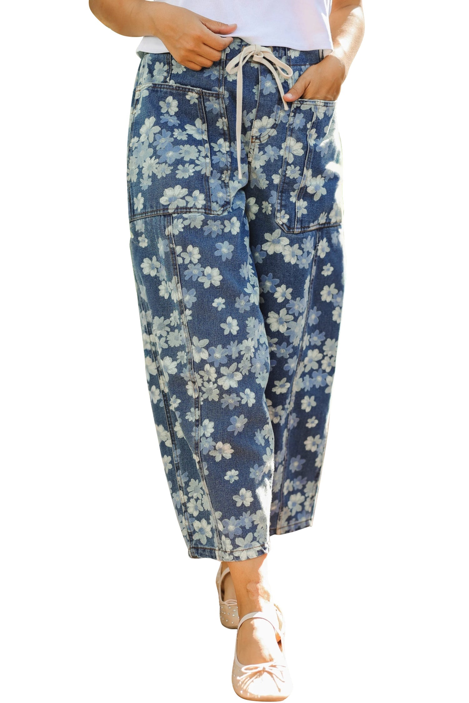 Floral Denim Drawstring Barrel Leg Jeans