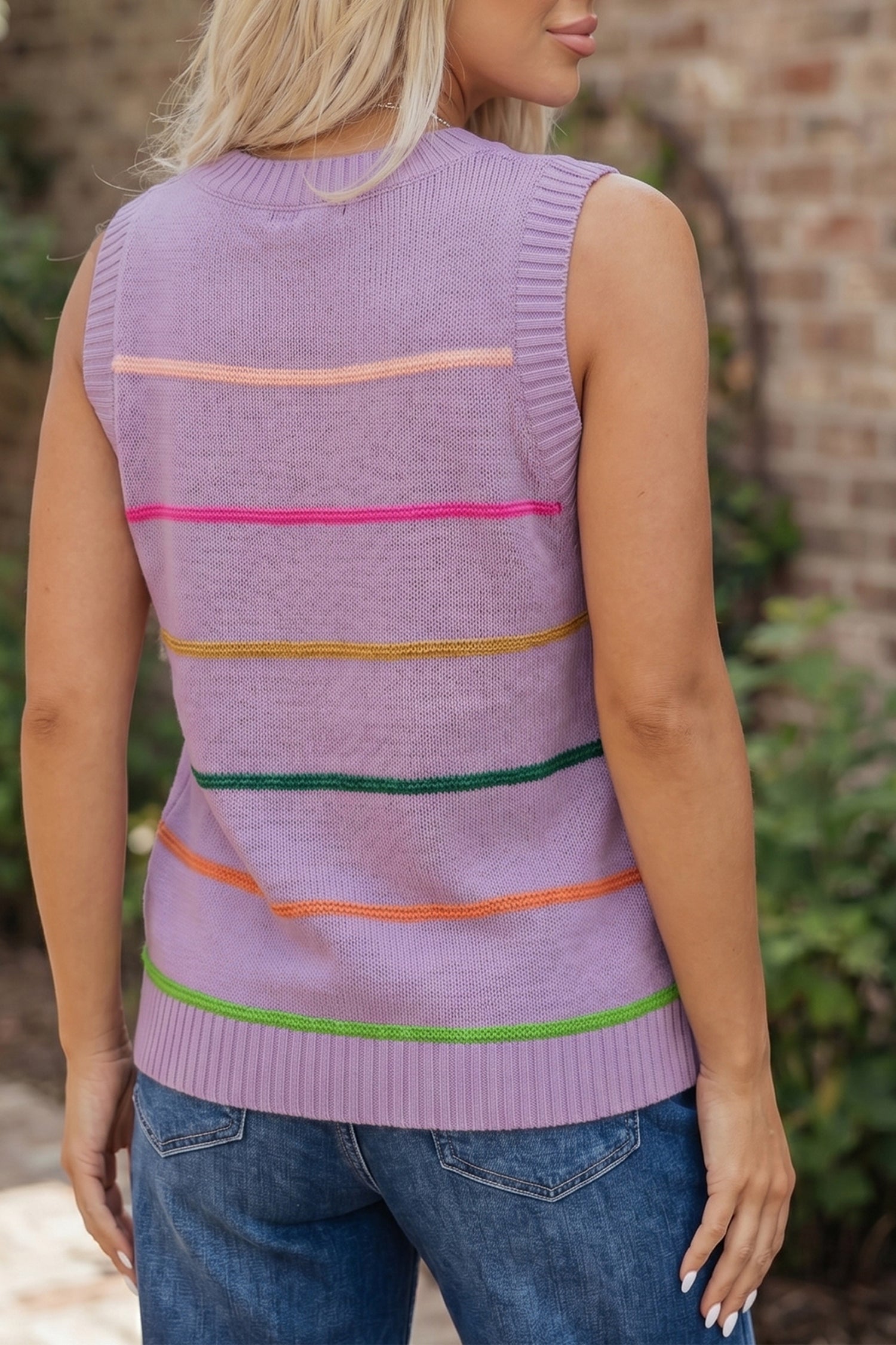 Stripe Ribbed Trim Sleeveless Sweater Knit Tank