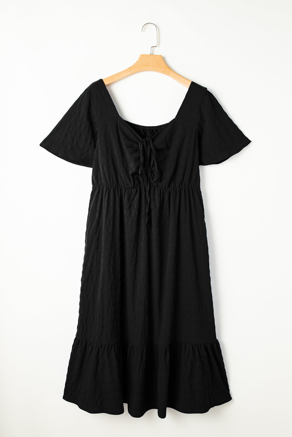 Plus Size Ruched Lace-Up Short Sleeve Midi Dress