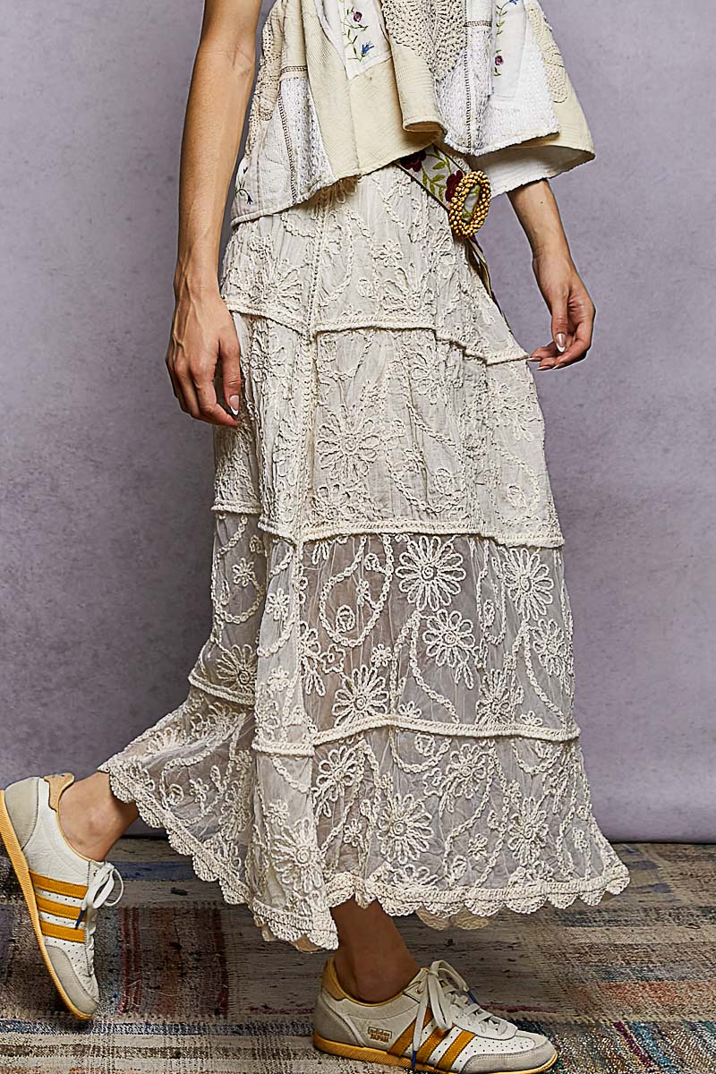 Floral Embroidered Maxi Skirt with Tiered Crochet Design
