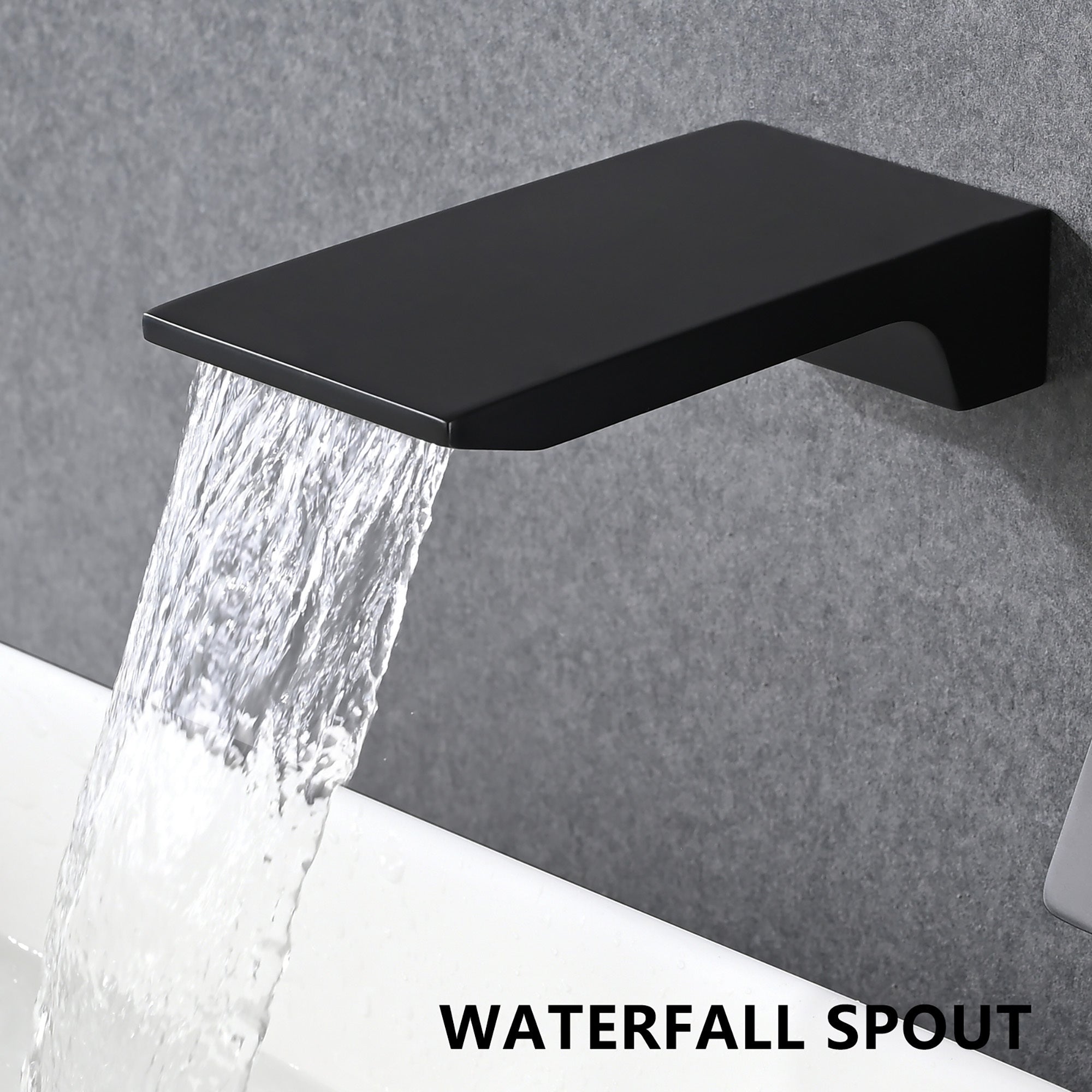 Modern Matte Black Wall Mount Bathroom Sink Faucet with Waterfall Spout and Brass Rough-in Valve