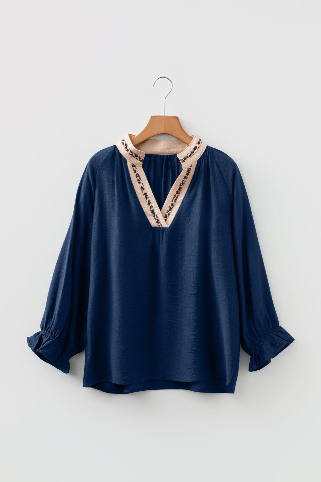 Leopard Trim Flounced  3/4 Sleeve V-Neck Blouse