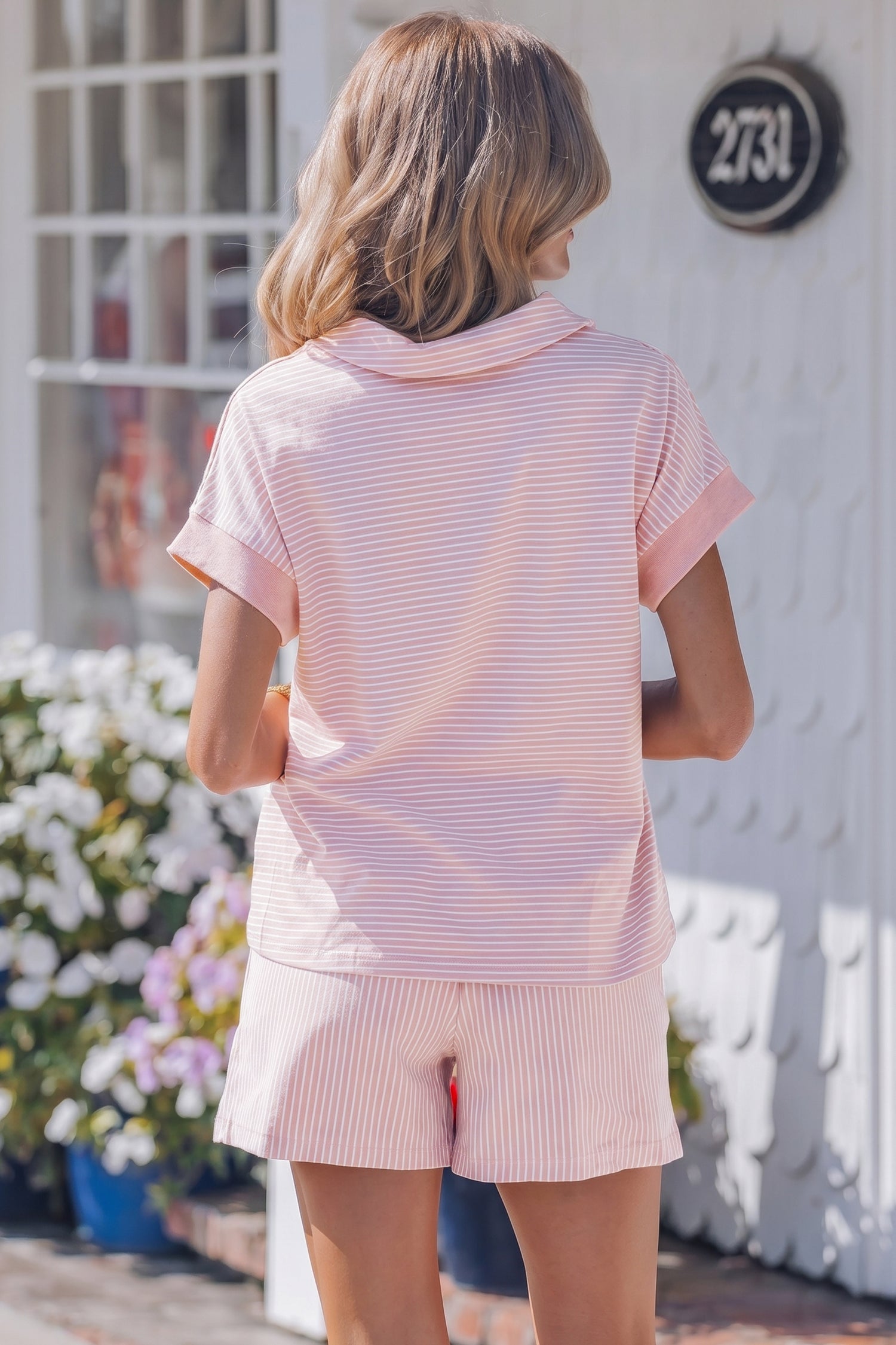 Stripe Dolman Sleeve Polo Shirt & Drawstring Shorts Set