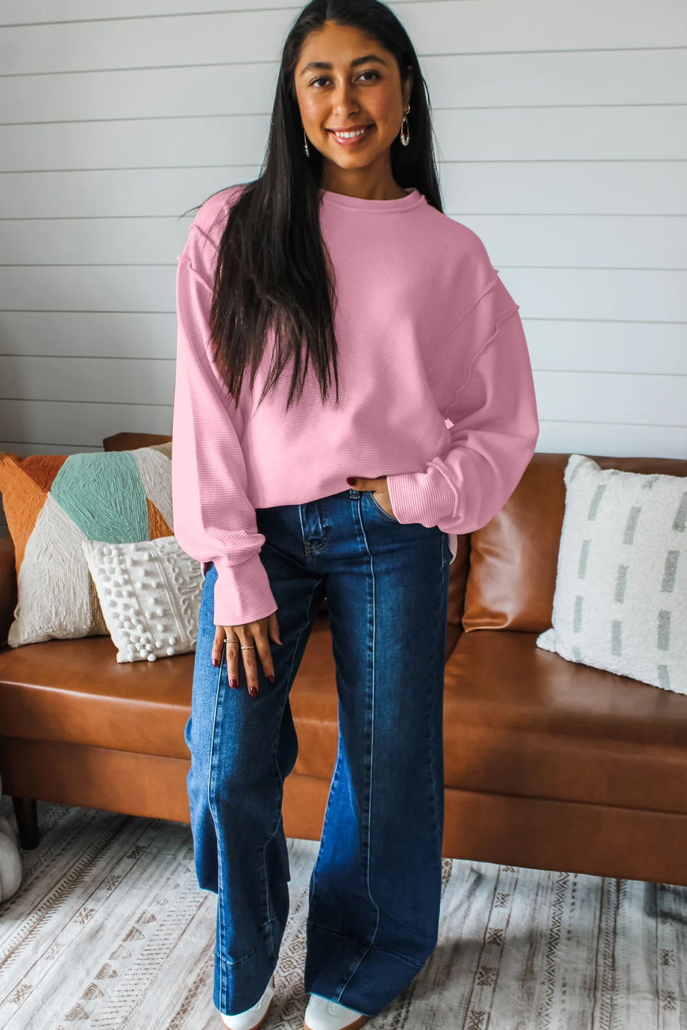 Ribbed Exposed Seam Drop Shoulder Pullover
