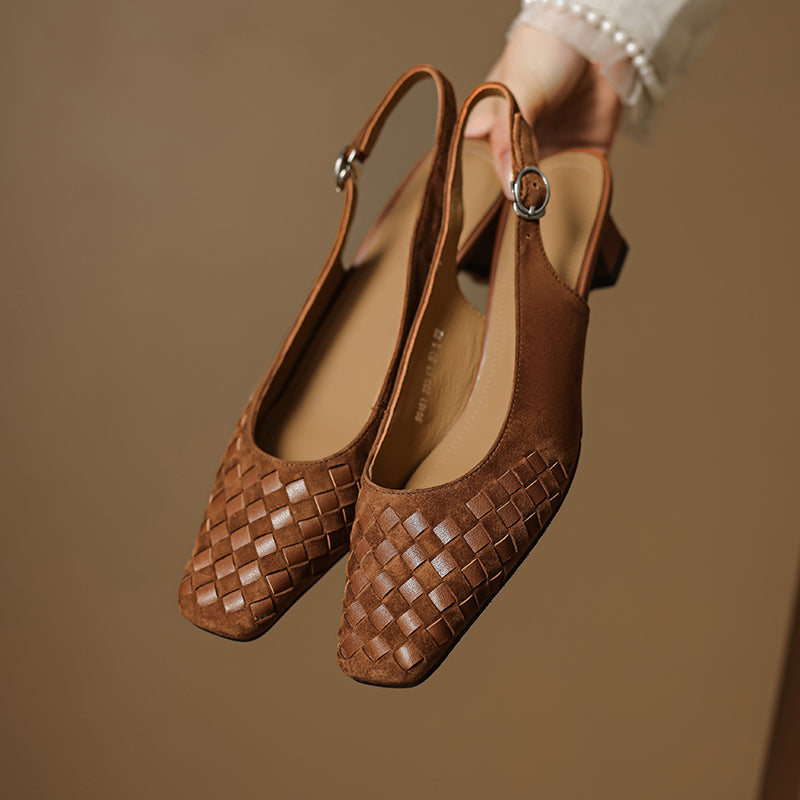 Women's Handmade Suede Woven Slingback Block Heel Sandals, Square-Toe Buckle Dress Shoes