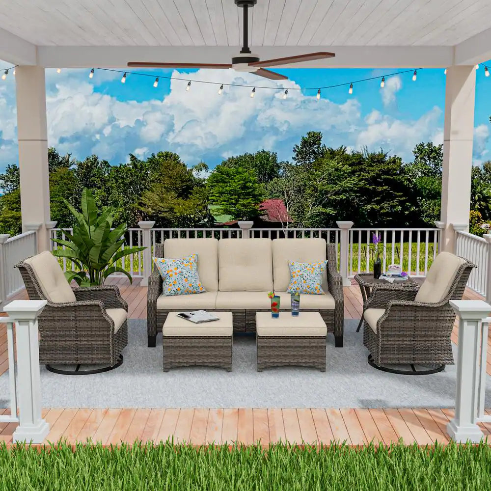 6-Pieces Wicker  Furniture Set Rattan Chair Wicker Set with Beige Cushion
