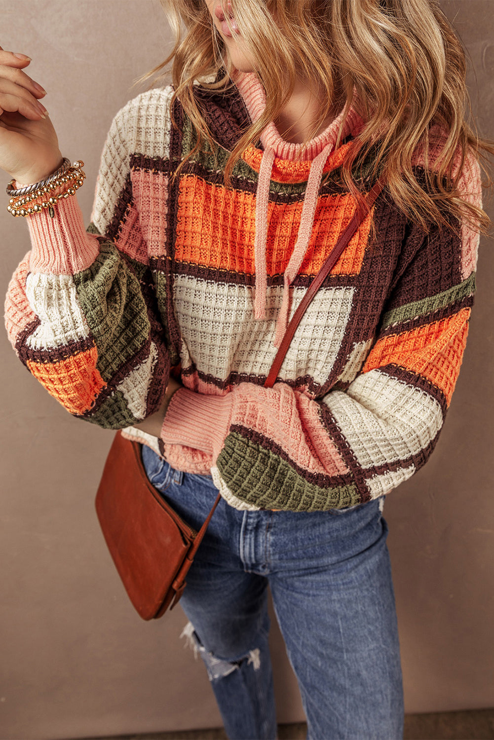 Zoey Waffle Knit Drawstring Mock Neck Sweater