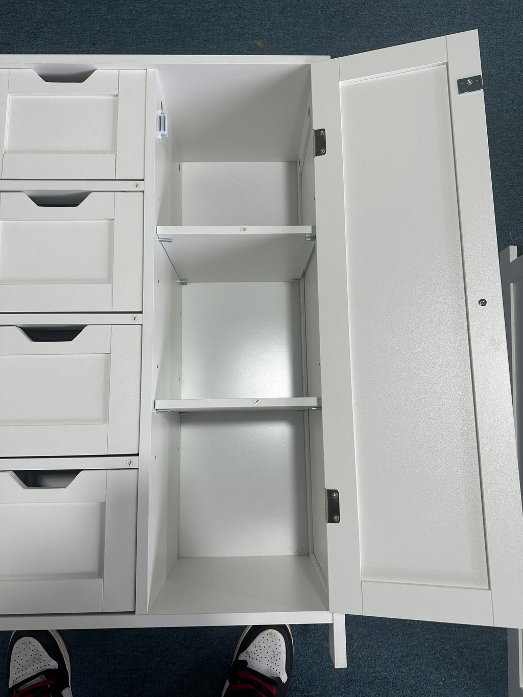 Bathroom Storage Cabinet with 4 Drawers and 1 Door, Freestanding Wooden Floor Organizer for Bathroom, Narrow Storage Cabinet for Small Spaces, Entryway, Living Room or Hallway, White