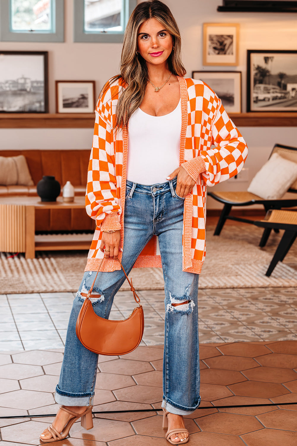 Wrenley Checkered Open Front Drop Shoulder Cardigan