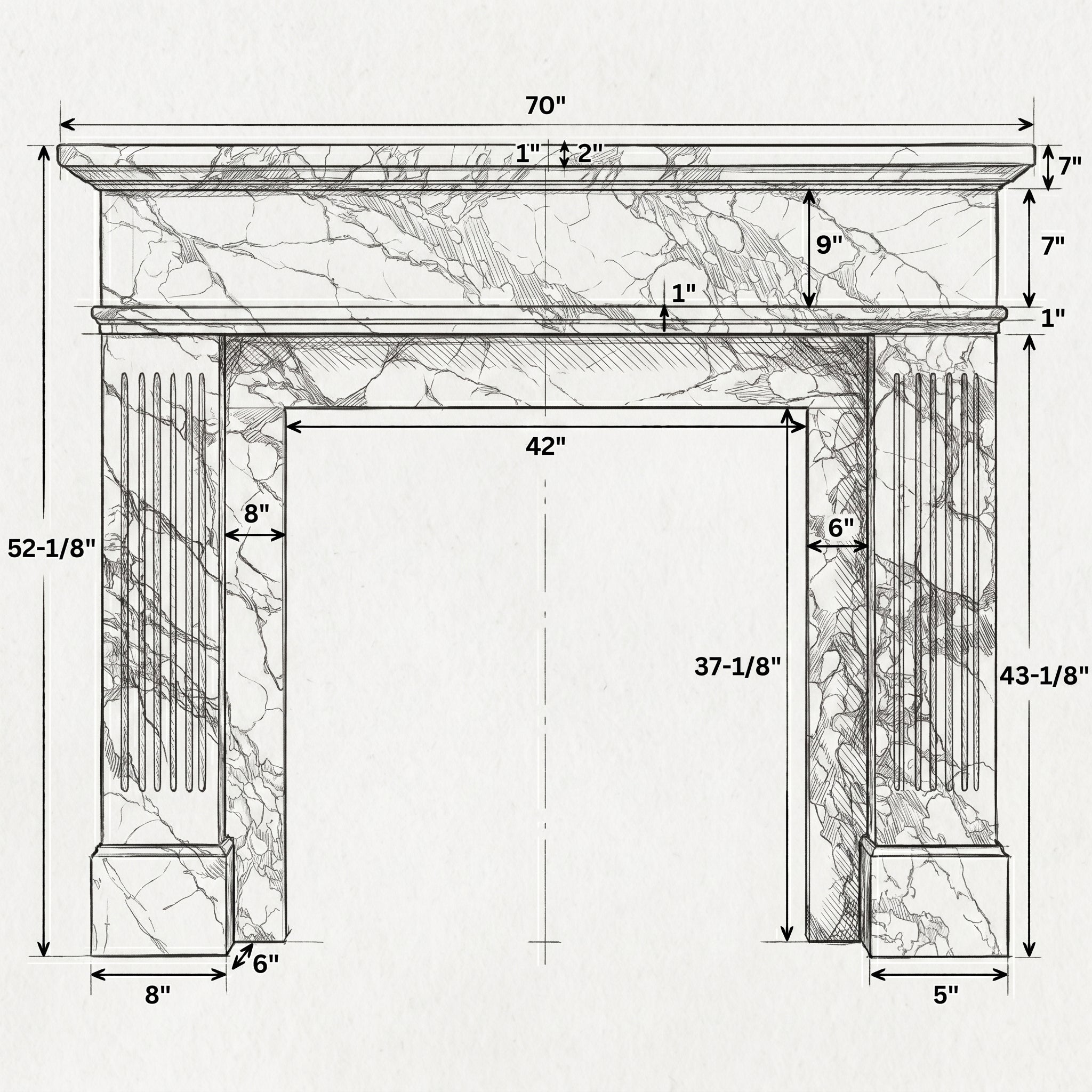 Calacatta Viola Marble Fluted Fireplace Mantel Polished (L)70" (H)52" (D)7"