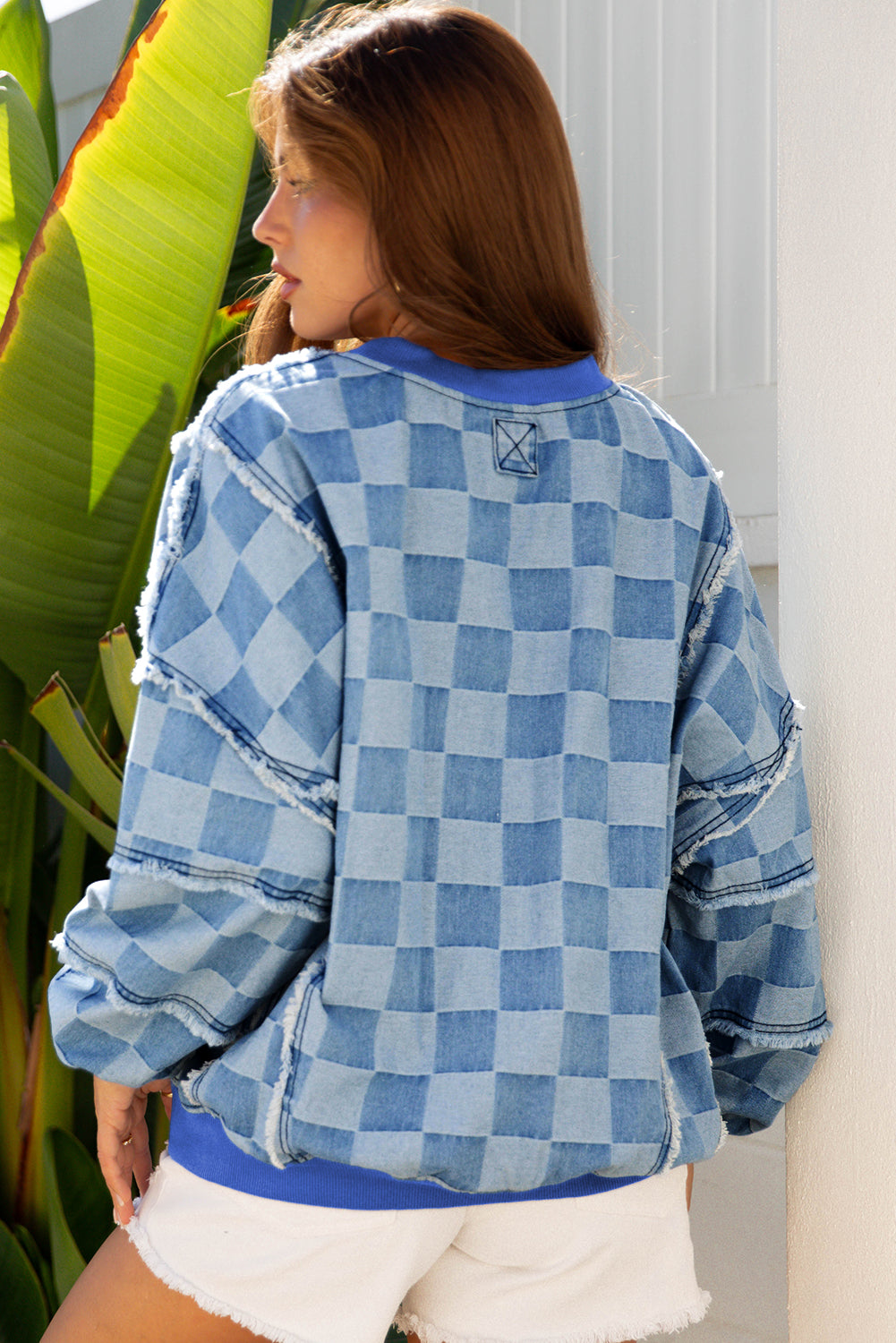 Jessica Checkerboard Oversized Denim Pullover