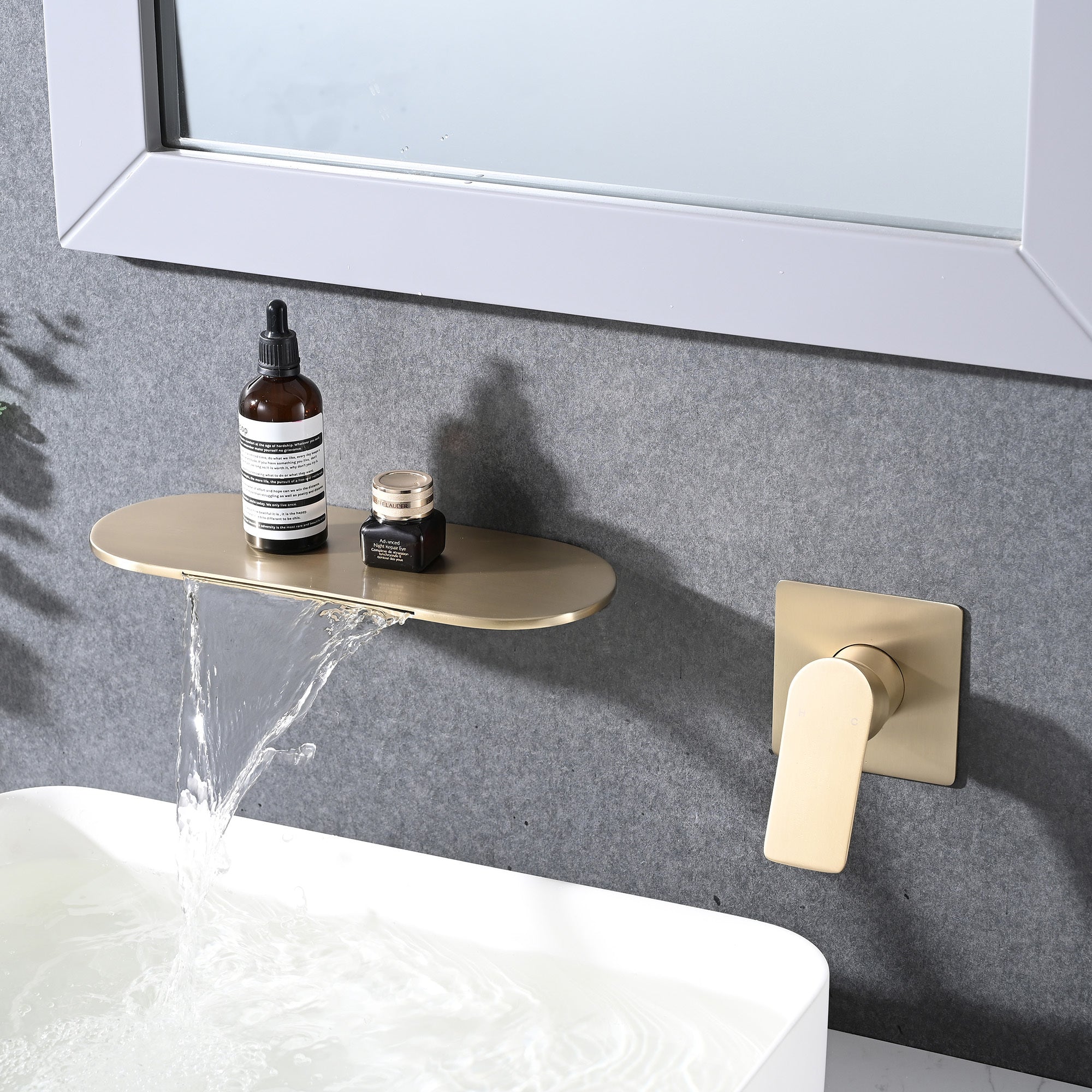 Modern Wall Mount Bathtub Faucet Brushed Gold Single Handle with Waterfall Tub Spout and Rough-in Valve