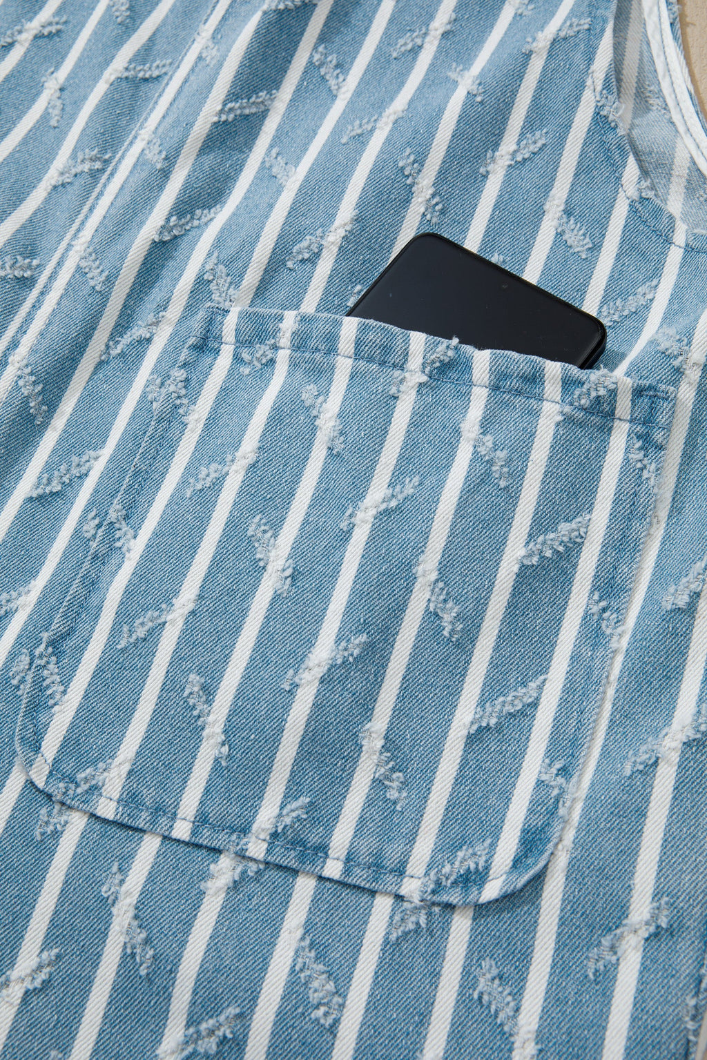 Stripe Distressed Denim Ruffle Wide Leg Overalls