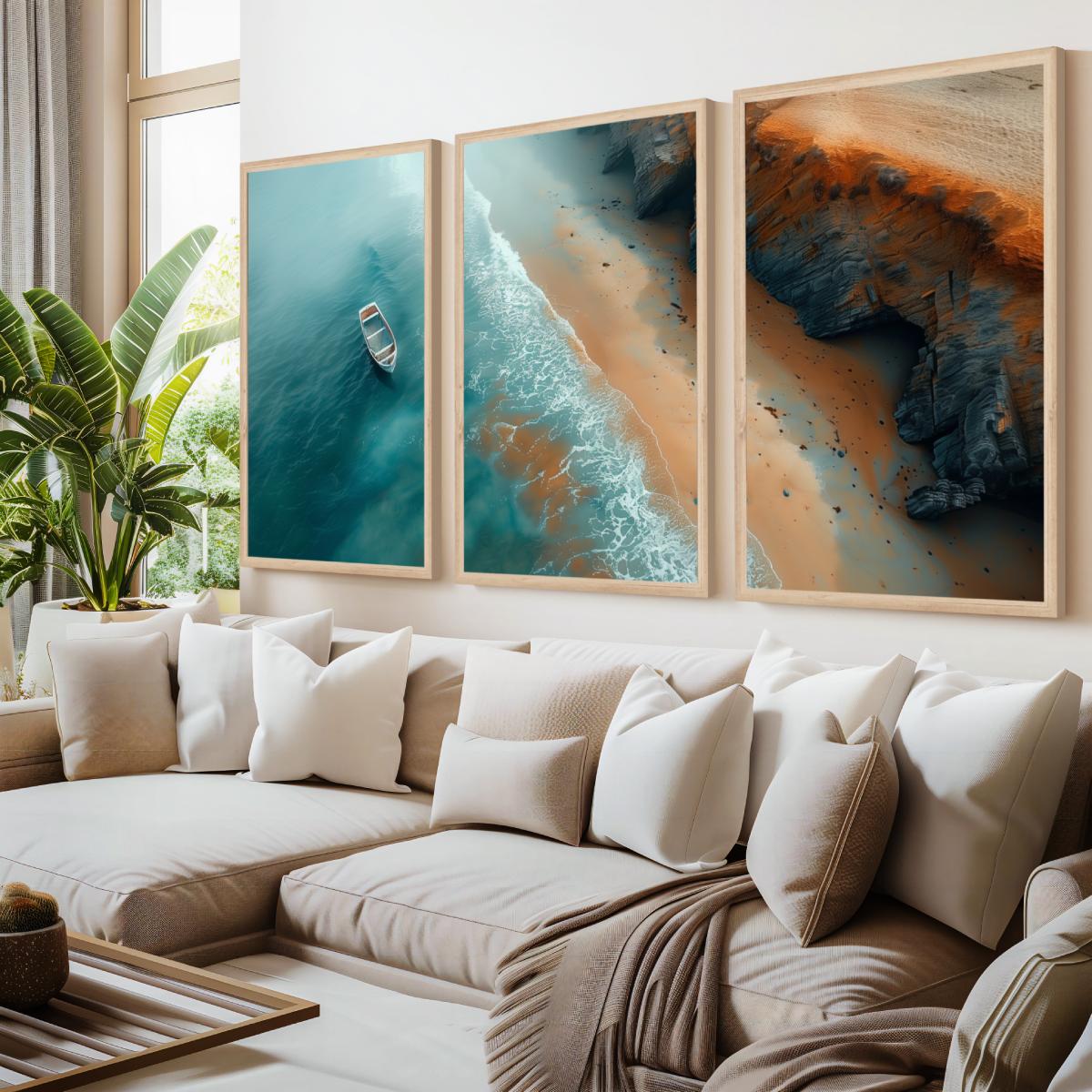 Coastal Cliff Aerial Triptych – Ocean Boat, Shoreline & Rocks