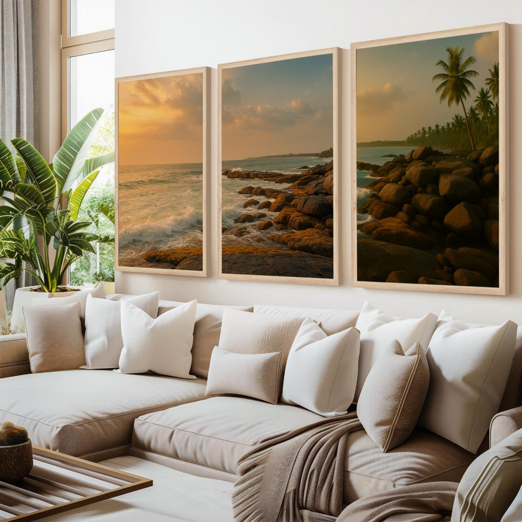 Coastal Sunset Triptych Wall Art – Ocean Rock Shoreline