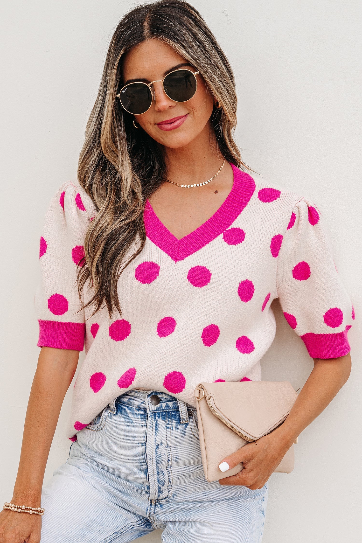 Polka Dot Puff Short Sleeve Sweater Top
