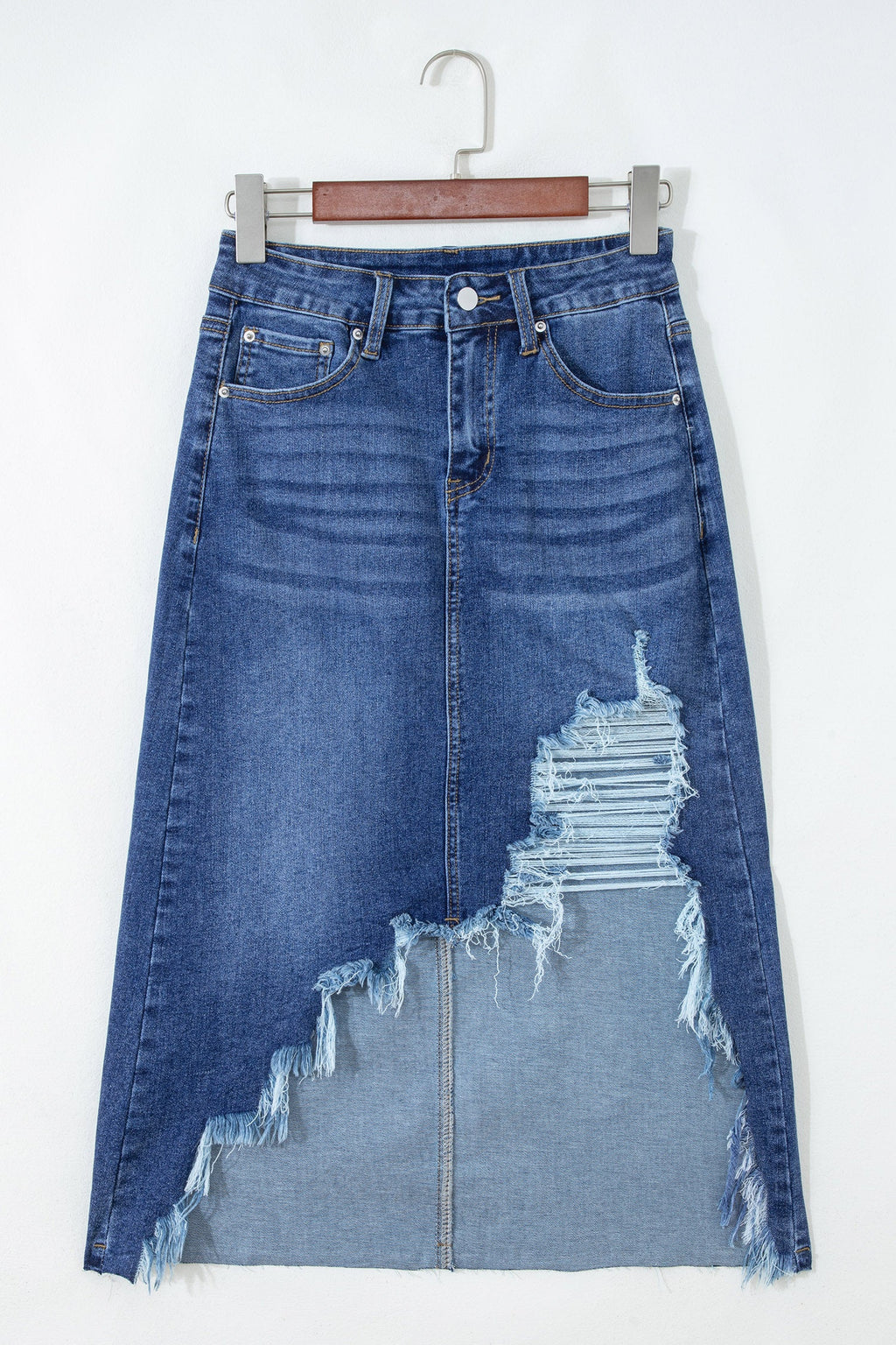 Denim Asymmetrical Distressed Midi Skirt