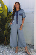 Half Placket Chest Pockets Wide Leg Jumpsuit
