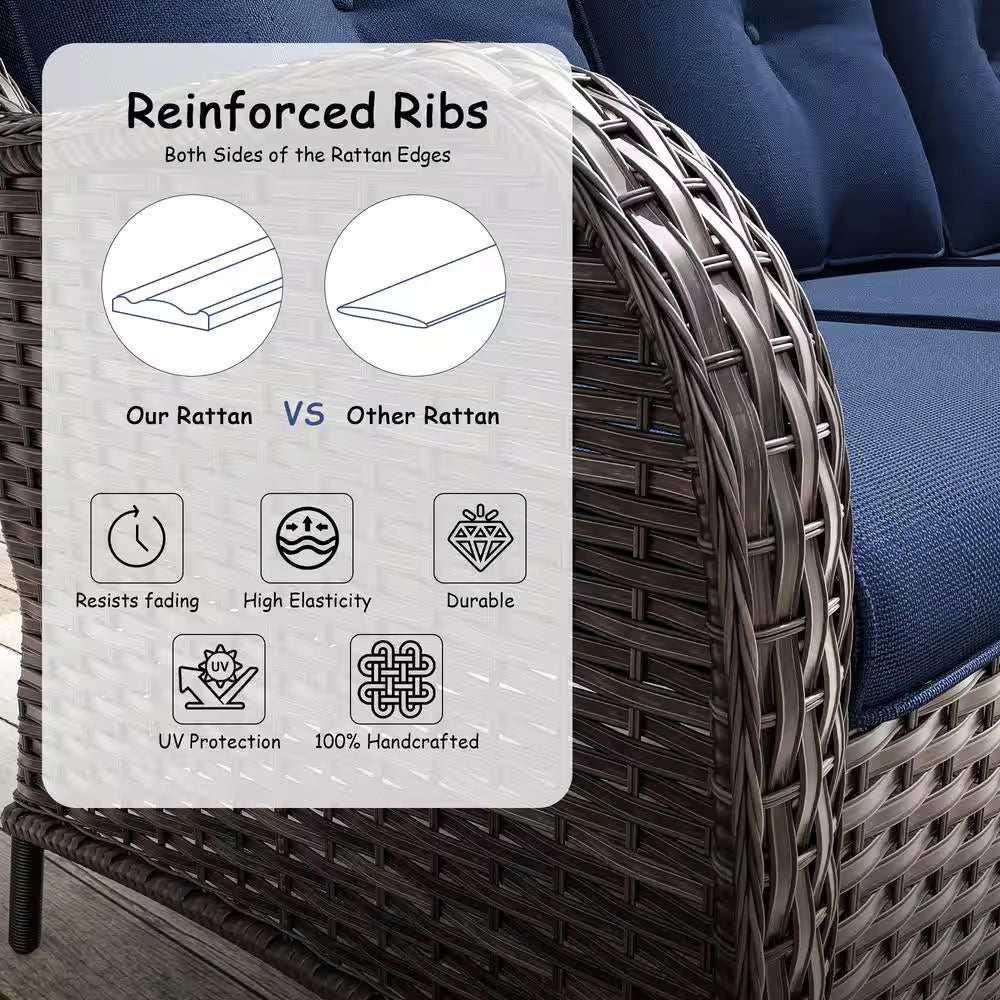 Stylish 3-Seat Wicker Sofa with Comfortable Blue Cushions