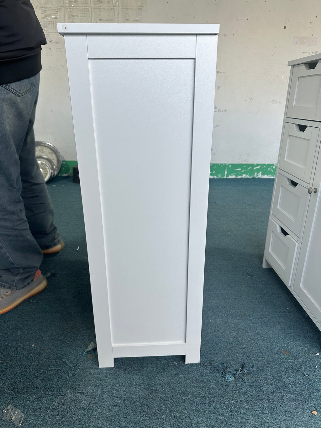 Bathroom Storage Cabinet with 4 Drawers and 1 Door, Freestanding Wooden Floor Organizer for Bathroom, Narrow Storage Cabinet for Small Spaces, Entryway, Living Room or Hallway, White