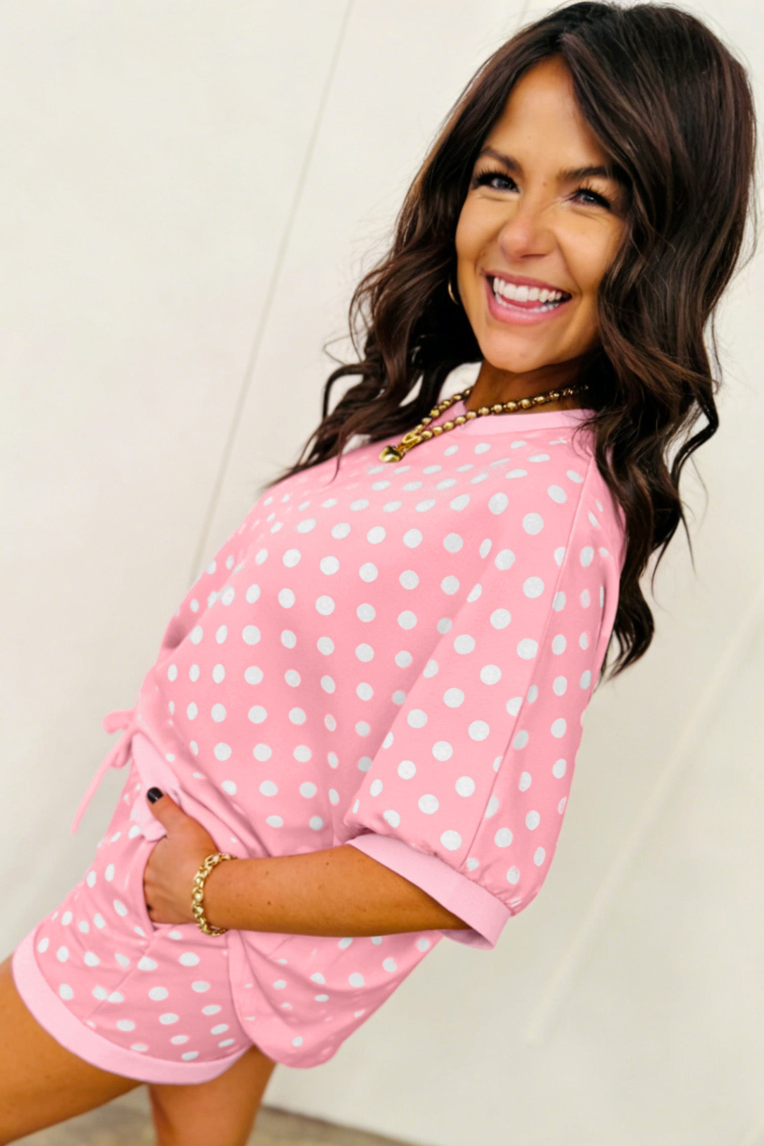 Polka Dot Oversized Top & Drawstring Shorts Set
