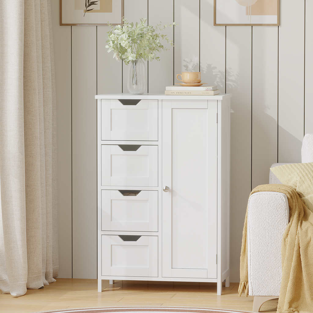 Bathroom Storage Cabinet with 4 Drawers and 1 Door, Freestanding Wooden Floor Organizer for Bathroom, Narrow Storage Cabinet for Small Spaces, Entryway, Living Room or Hallway, White