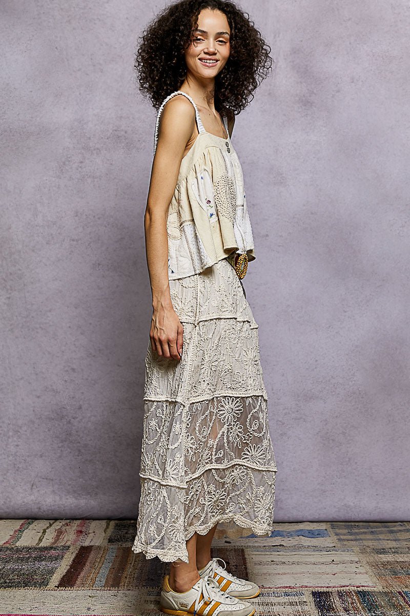 Floral Embroidered Maxi Skirt with Tiered Crochet Design