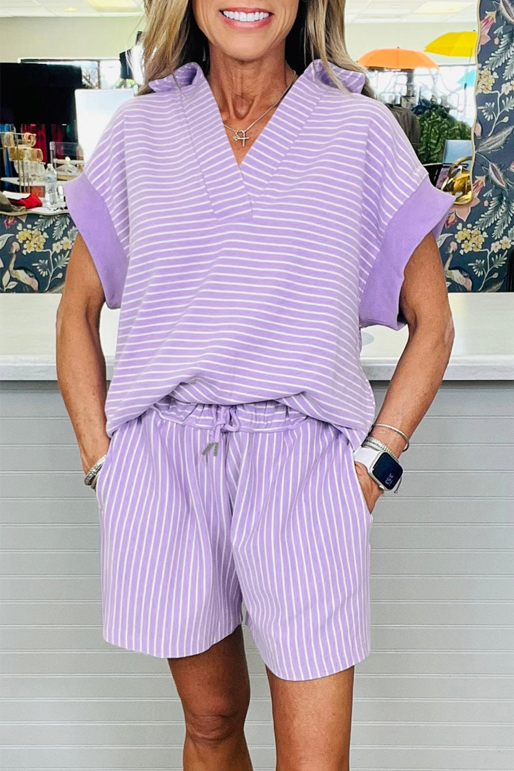 Stripe Dolman Sleeve Polo Shirt & Drawstring Shorts Set