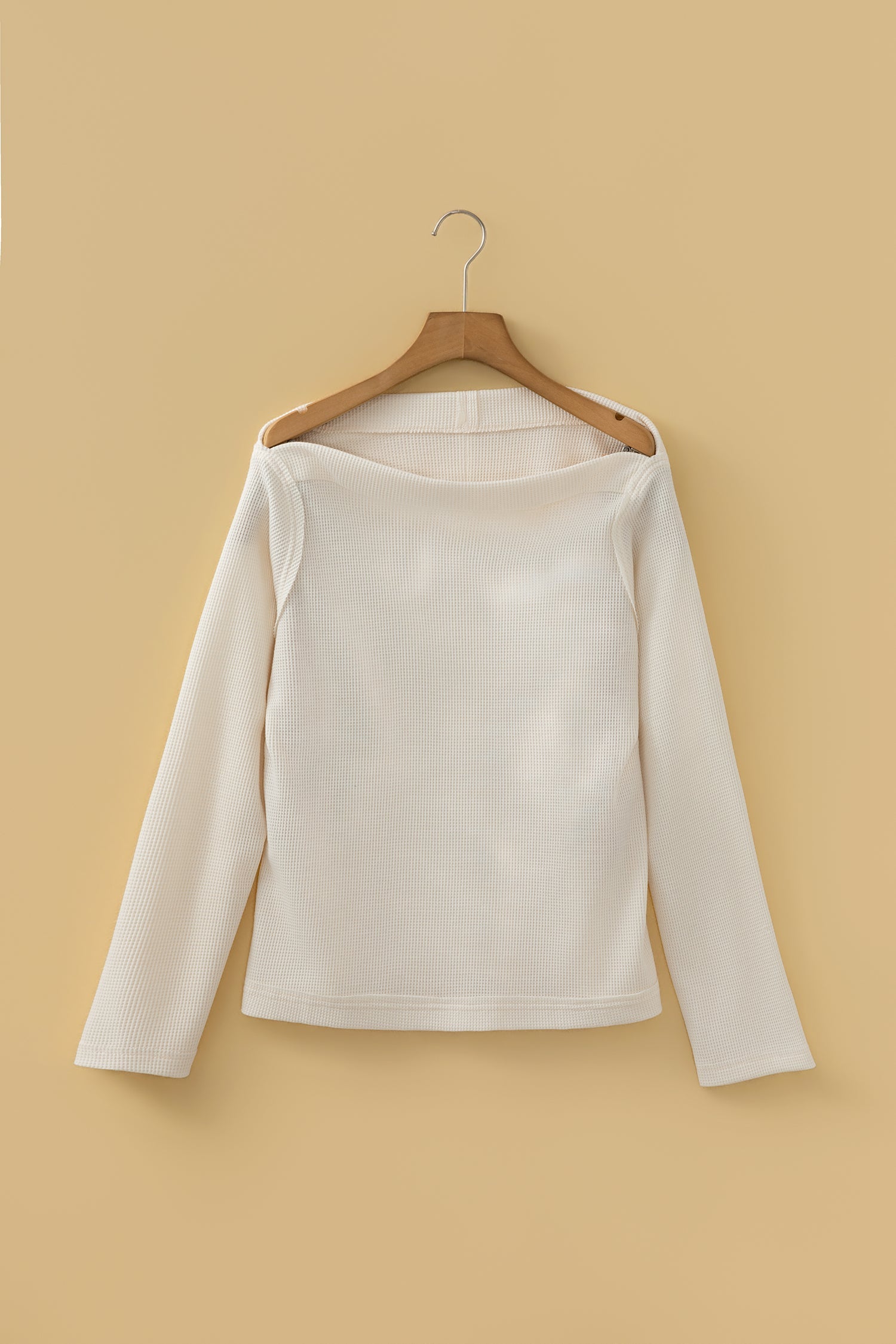 Solid Waffle Knit Asymmetric Neck Long Sleeve Top