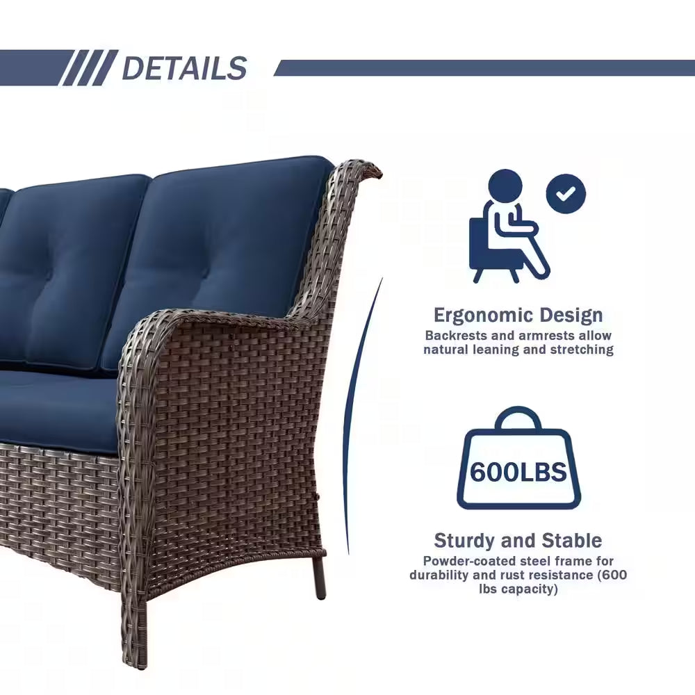 Stylish 3-Seat Wicker Sofa with Comfortable Blue Cushions