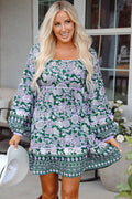 Boho Floral Piping Trim Bubble Sleeve Dress