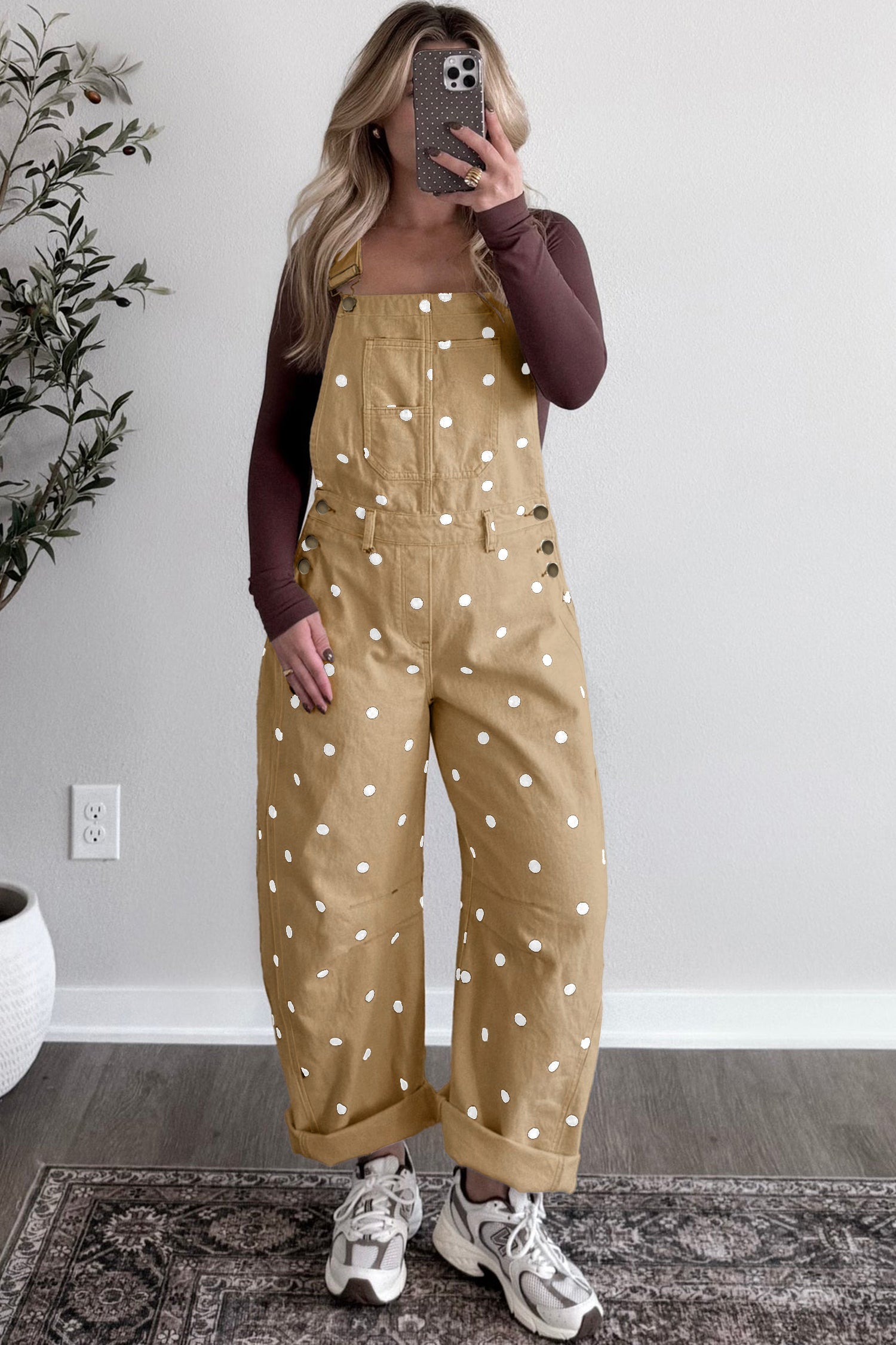 Polka Dot Denim Barrel Leg Overalls Jumpsuit
