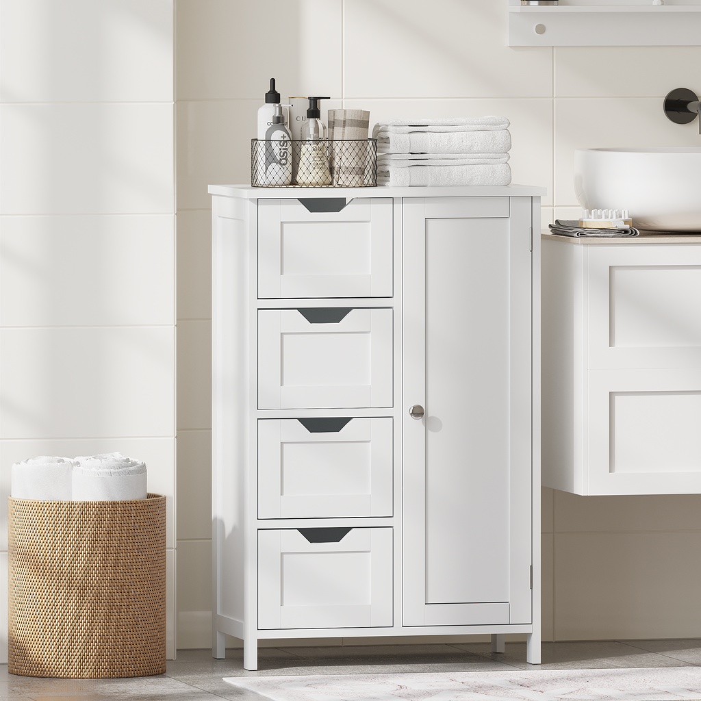 Bathroom Storage Cabinet with 4 Drawers and 1 Door, Freestanding Wooden Floor Organizer for Bathroom, Narrow Storage Cabinet for Small Spaces, Entryway, Living Room or Hallway, White