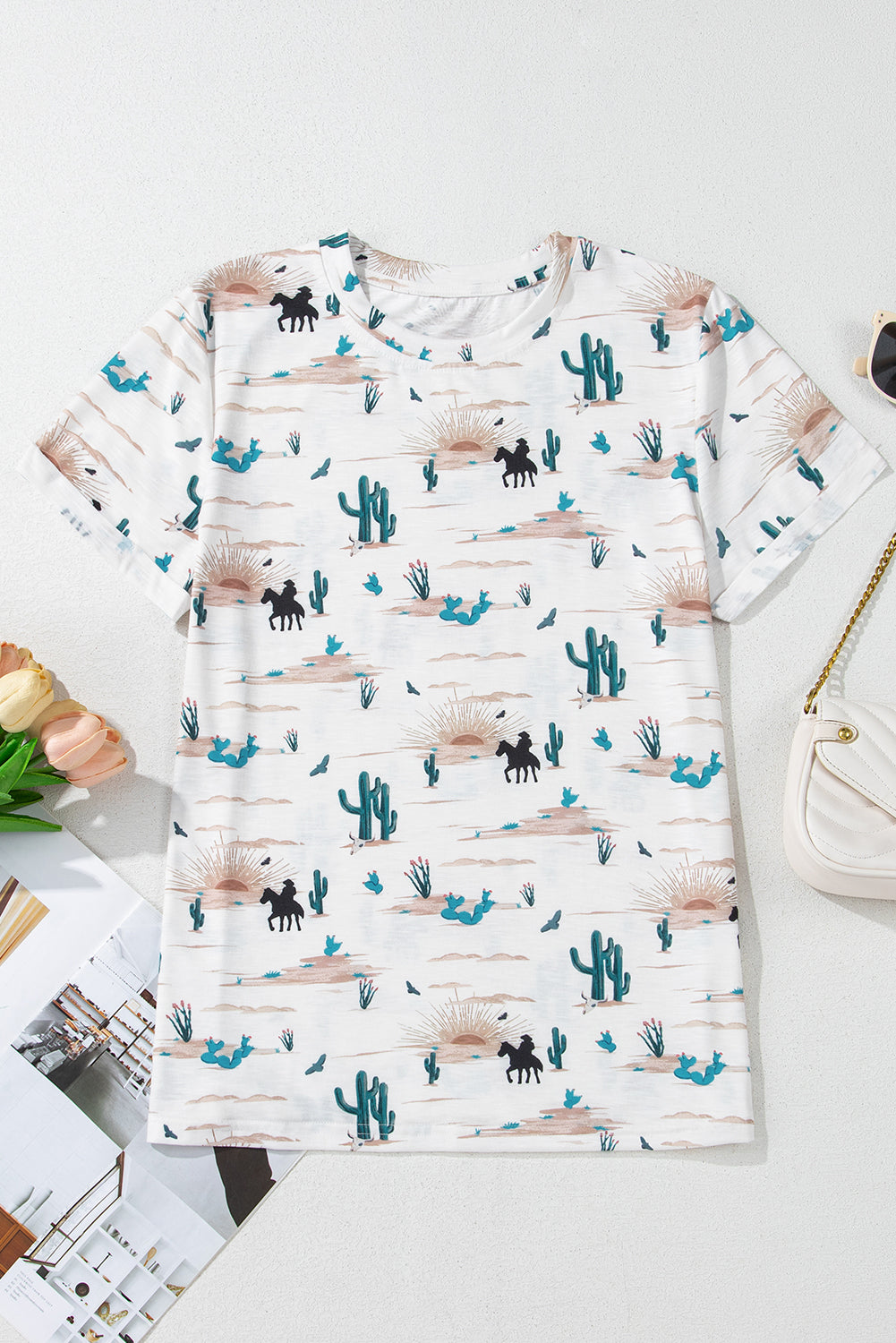 Western Cactus Crew Neck Short Sleeve Top