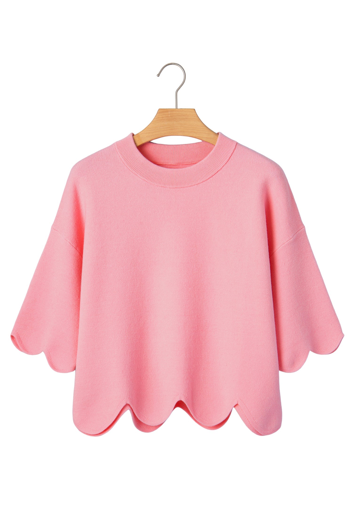 Solid Scalloped Hem 3/4 Sleeve Sweater Top