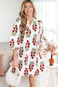 Floral V-Neck 3/4 Puff Sleeve Mini Dress